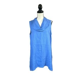 Fenini Linen Sleeveless Cowl Neck Tunic Top Blue Minimalist Lagenlook Coastal Sm